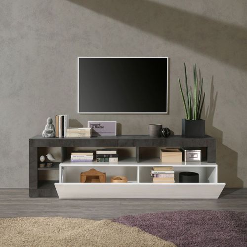 Meuble TV 1 Abattant Blanc Laqué Encadrement Niches Aspect Gris Oxyde - Arturo