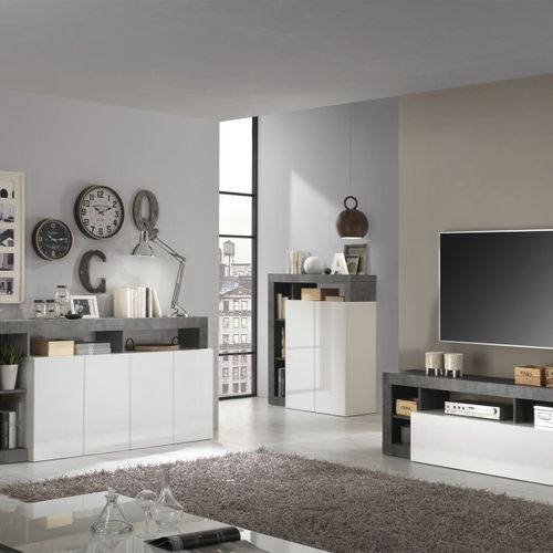 Ensemble Buffet 4p + Meubles TV Et Bar Blanc Laqué Niches Aspect Oxyde - Arturo