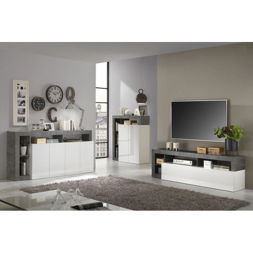 Ensemble Buffet 4p + Meubles TV Et Bar Blanc Laqué Niches Aspect Oxyde - Arturo