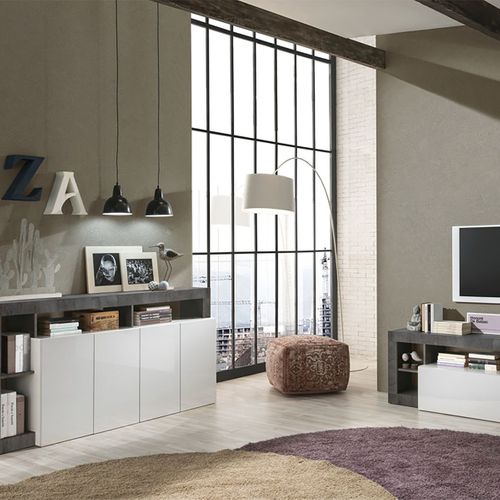 Ensemble Buffet 4p + Meubles TV Blanc Laqué Niches Aspect Oxyde - Arturo