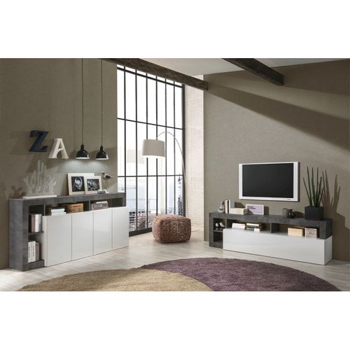 Ensemble Buffet 4p + Meubles TV Blanc Laqué Niches Aspect Oxyde - Arturo