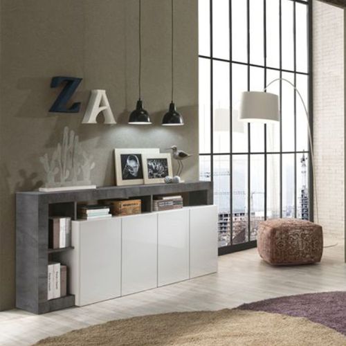 Ensemble Buffet 4p + Meubles TV Blanc Laqué Niches Aspect Oxyde - Arturo