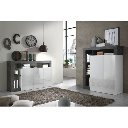 Ensemble Buffet 3p + Meuble Bar Blanc Laqué Niches Aspect Oxyde - Arturo