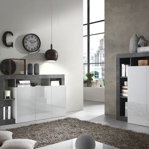 Ensemble Buffet 3p + Meuble Bar Blanc Laqué Niches Aspect Oxyde - Arturo