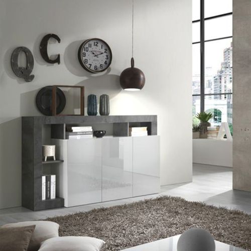 Ensemble Buffet 3p + Meuble Bar Blanc Laqué Niches Aspect Oxyde - Arturo