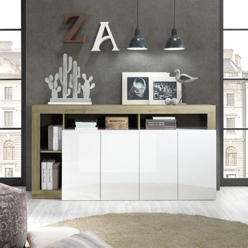 Buffet 4 Portes Blanc Laqué Encadrement Niches Aspect Bois Cadiz - Arturo