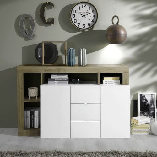 Buffet 2 Portes 3 Tiroirs Blanc Laqué Encadrement Niches Aspect Bois Cadiz - Arturo