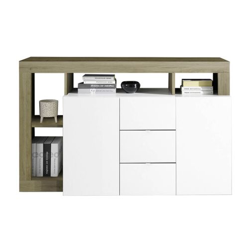 Buffet 2 Portes 3 Tiroirs Blanc Laqué Encadrement Niches Aspect Bois Cadiz - Arturo