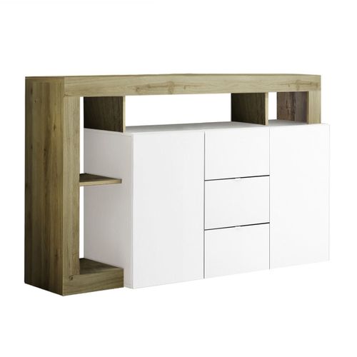 Buffet 2 Portes 3 Tiroirs Blanc Laqué Encadrement Niches Aspect Bois Cadiz - Arturo