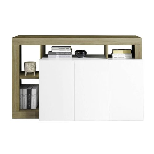 Buffet 3 Portes Blanc Laqué Encadrement Niches Aspect Bois Cadiz - Arturo