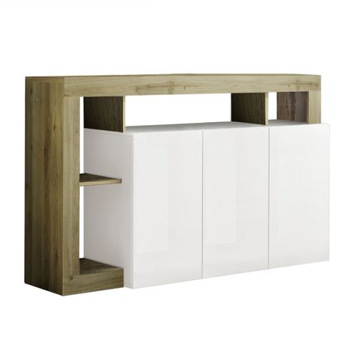 Buffet 3 Portes Blanc Laqué Encadrement Niches Aspect Bois Cadiz - Arturo