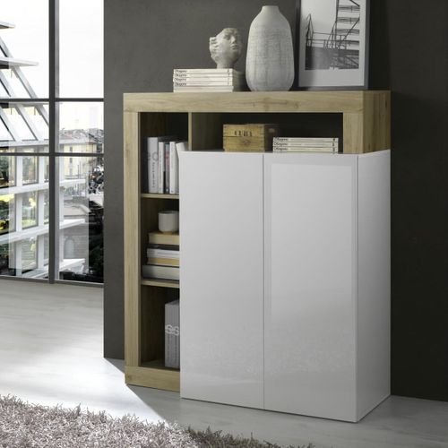 Meuble Bar 2 Portes Blanc Laqué Encadrement Niches Aspect Bois Cadiz - Arturo