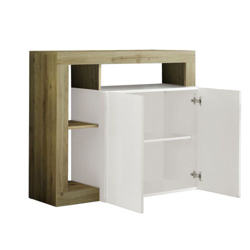 Buffet 2 Portes Blanc Laqué Encadrement Niches Aspect Bois Cadiz - Arturo