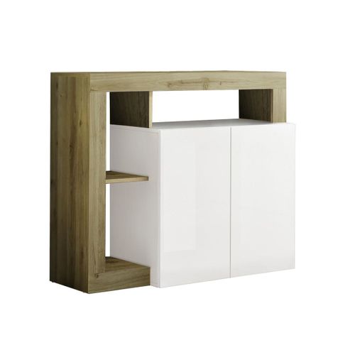 Buffet 2 Portes Blanc Laqué Encadrement Niches Aspect Bois Cadiz - Arturo
