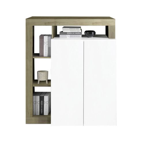 Séjour Complet Table + Buffet 4p Blanc Laqué Niches Aspect Bois Cadiz - Arturo