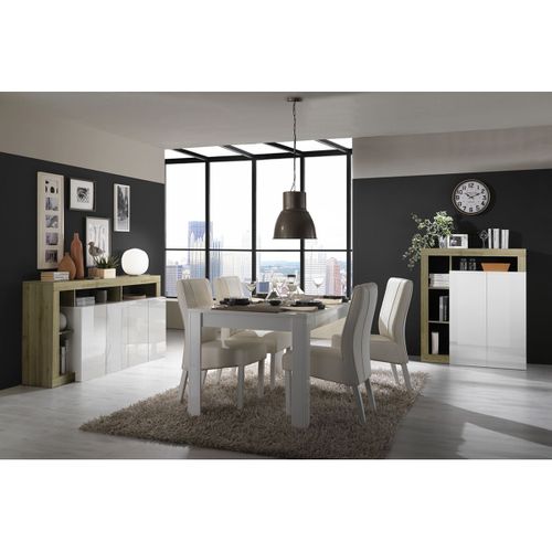 Séjour Complet Table + Buffet 4p Blanc Laqué Niches Aspect Bois Cadiz - Arturo