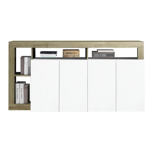 Séjour Complet Table + Buffet 4p Blanc Laqué Niches Aspect Bois Cadiz - Arturo