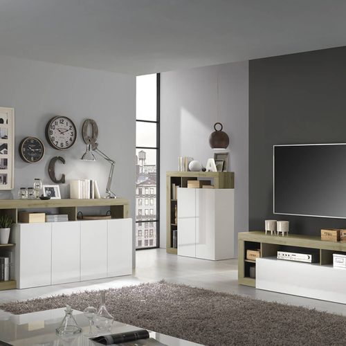 Ensemble Buffet 4p + Meubles TV Et Bar Blanc Laqué Niches Aspect Bois Cadiz - Arturo
