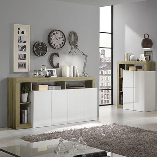 Ensemble Buffet 4p + Meubles TV Et Bar Blanc Laqué Niches Aspect Bois Cadiz - Arturo