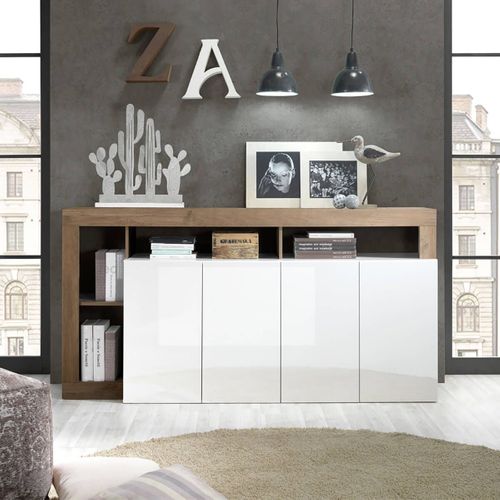 Buffet 4 Portes Blanc Laqué Encadrement Niches Aspect Chêne Mercure - Arturo