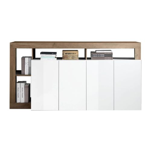 Buffet 4 Portes Blanc Laqué Encadrement Niches Aspect Chêne Mercure - Arturo