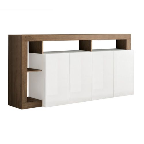 Buffet 4 Portes Blanc Laqué Encadrement Niches Aspect Chêne Mercure - Arturo
