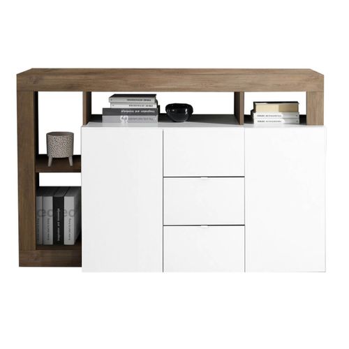 Buffet 2 Portes 3 Tiroirs Blanc Laqué Encadrement Niches Aspect Chêne Mercure - Arturo