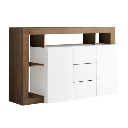 Buffet 2 Portes 3 Tiroirs Blanc Laqué Encadrement Niches Aspect Chêne Mercure - Arturo