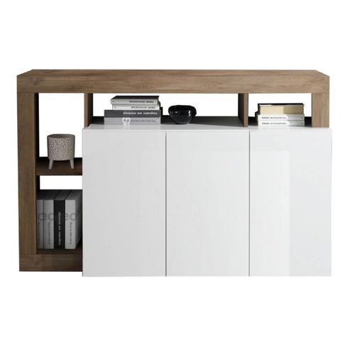 Buffet 3 Portes Blanc Laqué Encadrement Niches Aspect Chêne Mercure - Arturo