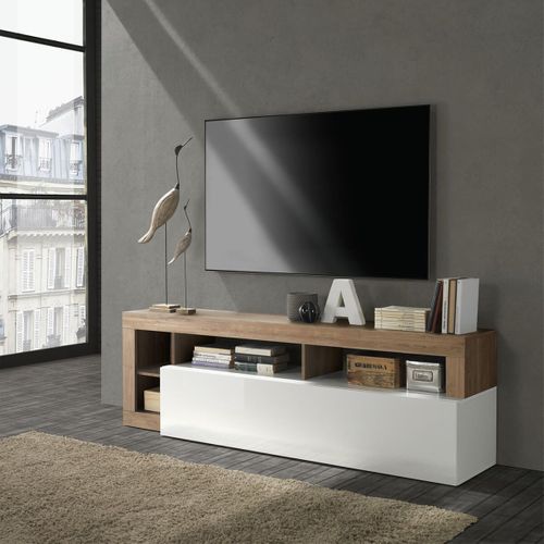 Meuble TV 1 Abattant Blanc Laqué Encadrement Niches Aspect Chêne Mercure - Arturo