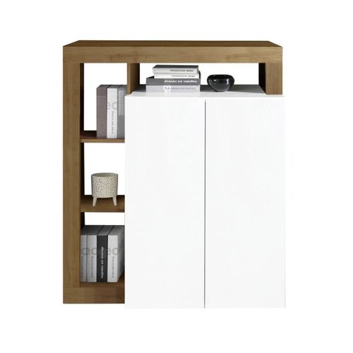 Meuble Bar 2 Portes Blanc Laqué Encadrement Niches Aspect Chêne Mercure - Arturo