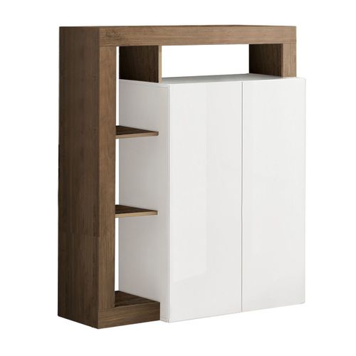 Meuble Bar 2 Portes Blanc Laqué Encadrement Niches Aspect Chêne Mercure - Arturo