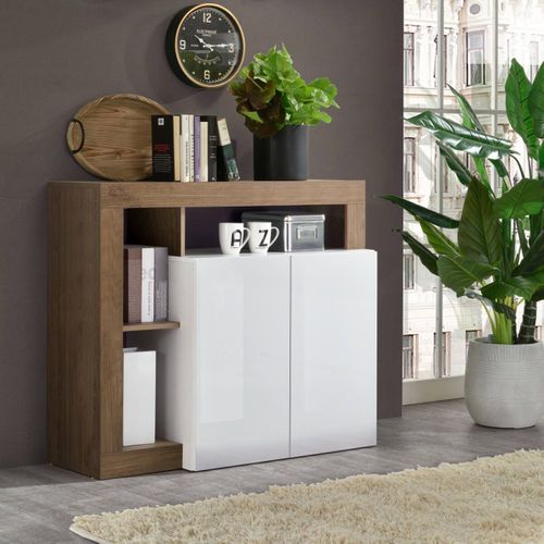 Buffet 2 Portes Blanc Laqué Encadrement Niches Aspect Chêne Mercure - Arturo