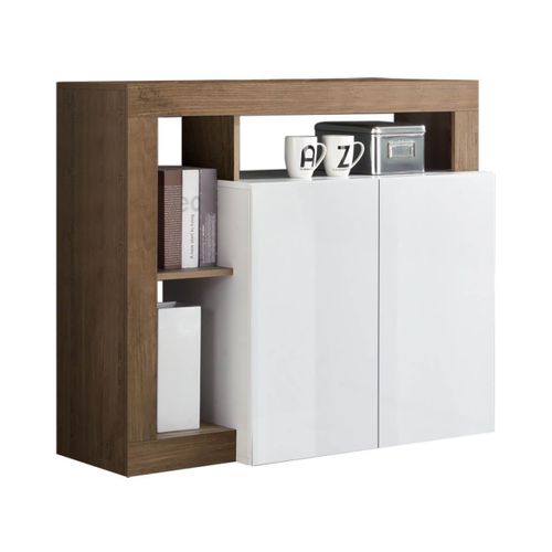 Buffet 2 Portes Blanc Laqué Encadrement Niches Aspect Chêne Mercure - Arturo