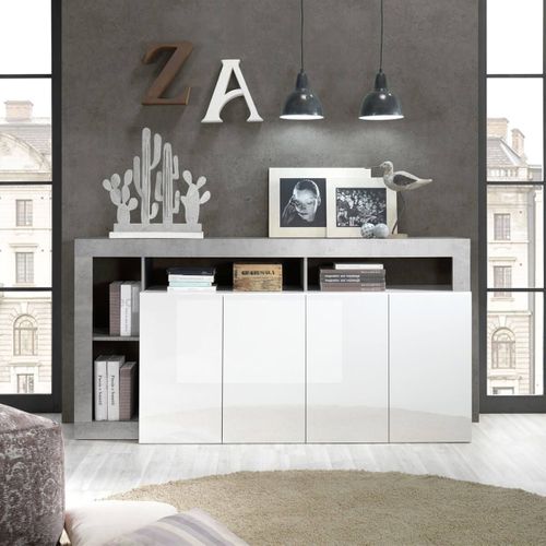 Buffet 4 Portes Blanc Laqué Encadrement Niches Aspect Cimento - Arturo
