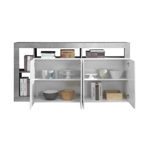 Buffet 4 Portes Blanc Laqué Encadrement Niches Aspect Cimento - Arturo