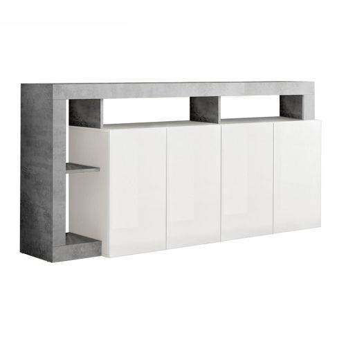 Buffet 4 Portes Blanc Laqué Encadrement Niches Aspect Cimento - Arturo