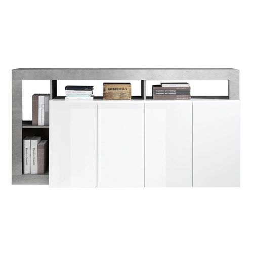 Buffet 4 Portes Blanc Laqué Encadrement Niches Aspect Cimento - Arturo