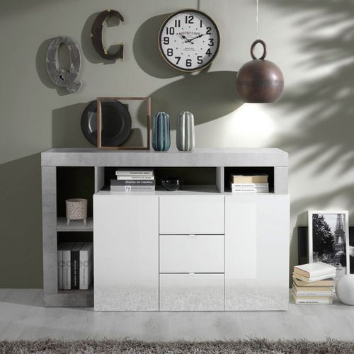 Buffet 2 Portes 3 Tiroirs Blanc Laqué Encadrement Niches Aspect Cimento - Arturo