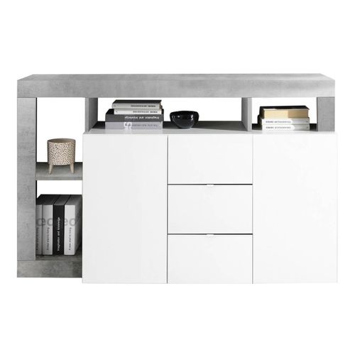 Buffet 2 Portes 3 Tiroirs Blanc Laqué Encadrement Niches Aspect Cimento - Arturo