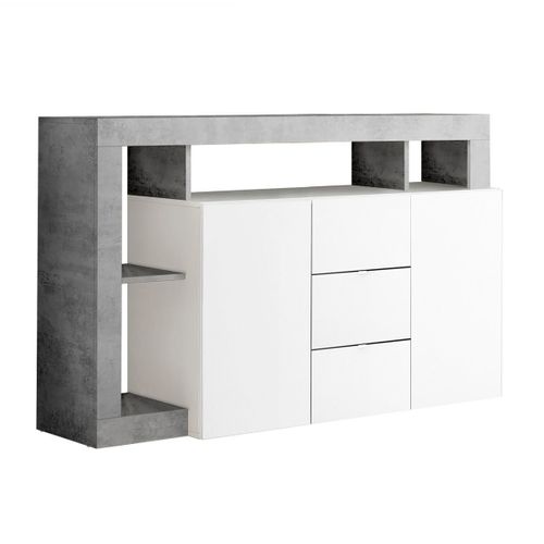 Buffet 2 Portes 3 Tiroirs Blanc Laqué Encadrement Niches Aspect Cimento - Arturo