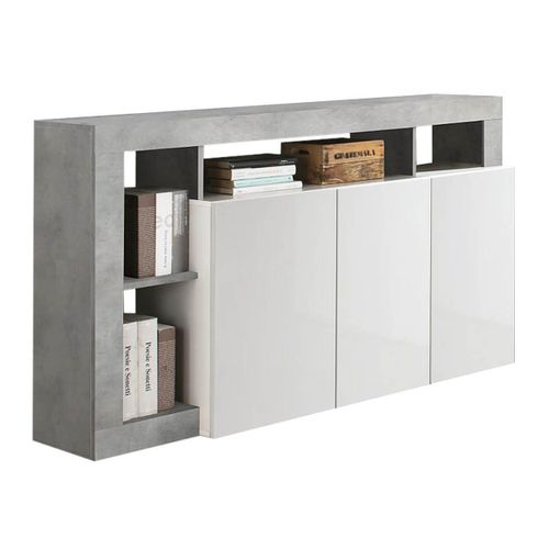 Buffet 3 Portes Blanc Laqué Encadrement Niches Finition Aspect Cimento - Arturo