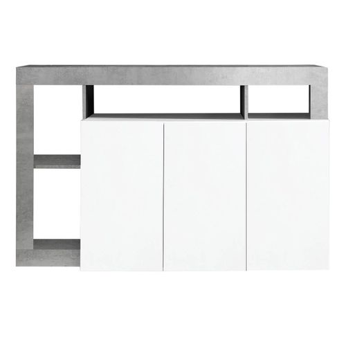 Buffet 3 Portes Blanc Laqué Encadrement Niches Finition Aspect Cimento - Arturo