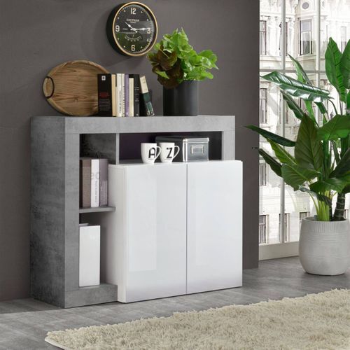 Buffet 2 Portes Blanc Laqué Encadrement Niches Aspect Cimento - Arturo