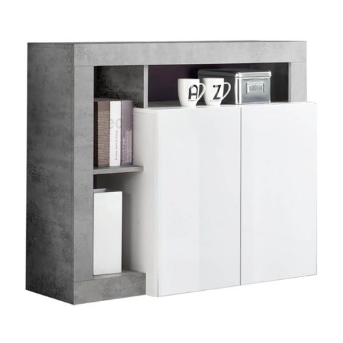 Buffet 2 Portes Blanc Laqué Encadrement Niches Aspect Cimento - Arturo