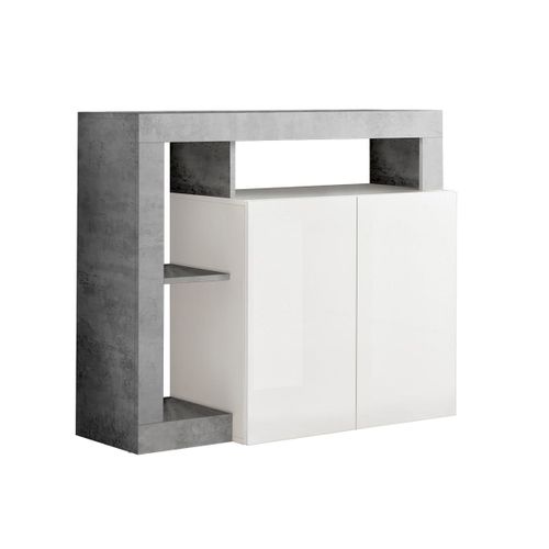 Buffet 2 Portes Blanc Laqué Encadrement Niches Aspect Cimento - Arturo