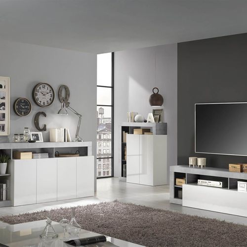 Ensemble Buffet 4p + Meubles TV Et Bar Blanc Laqué Niches Aspect Cimento - Arturo