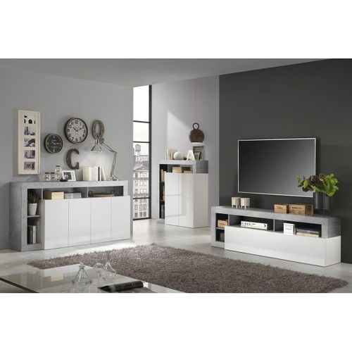 Ensemble Buffet 4p + Meubles TV Et Bar Blanc Laqué Niches Aspect Cimento - Arturo