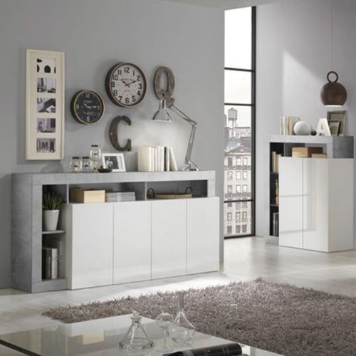 Ensemble Buffet 4p + Meubles TV Et Bar Blanc Laqué Niches Aspect Cimento - Arturo