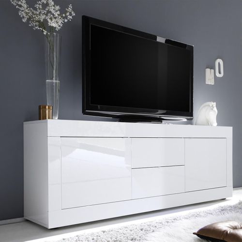 Meuble TV 2 Portes 2 Tiroirs Finition Blanc Laqué Weiss - Otello